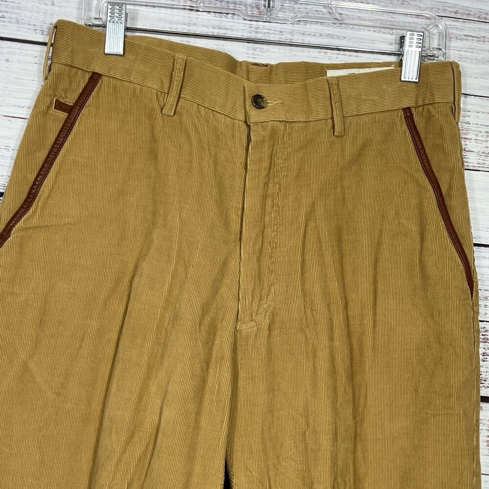 Orvis Corduroy Pants Men's 32 Flat Front Tan Khaki Leather Trim Pockets flap